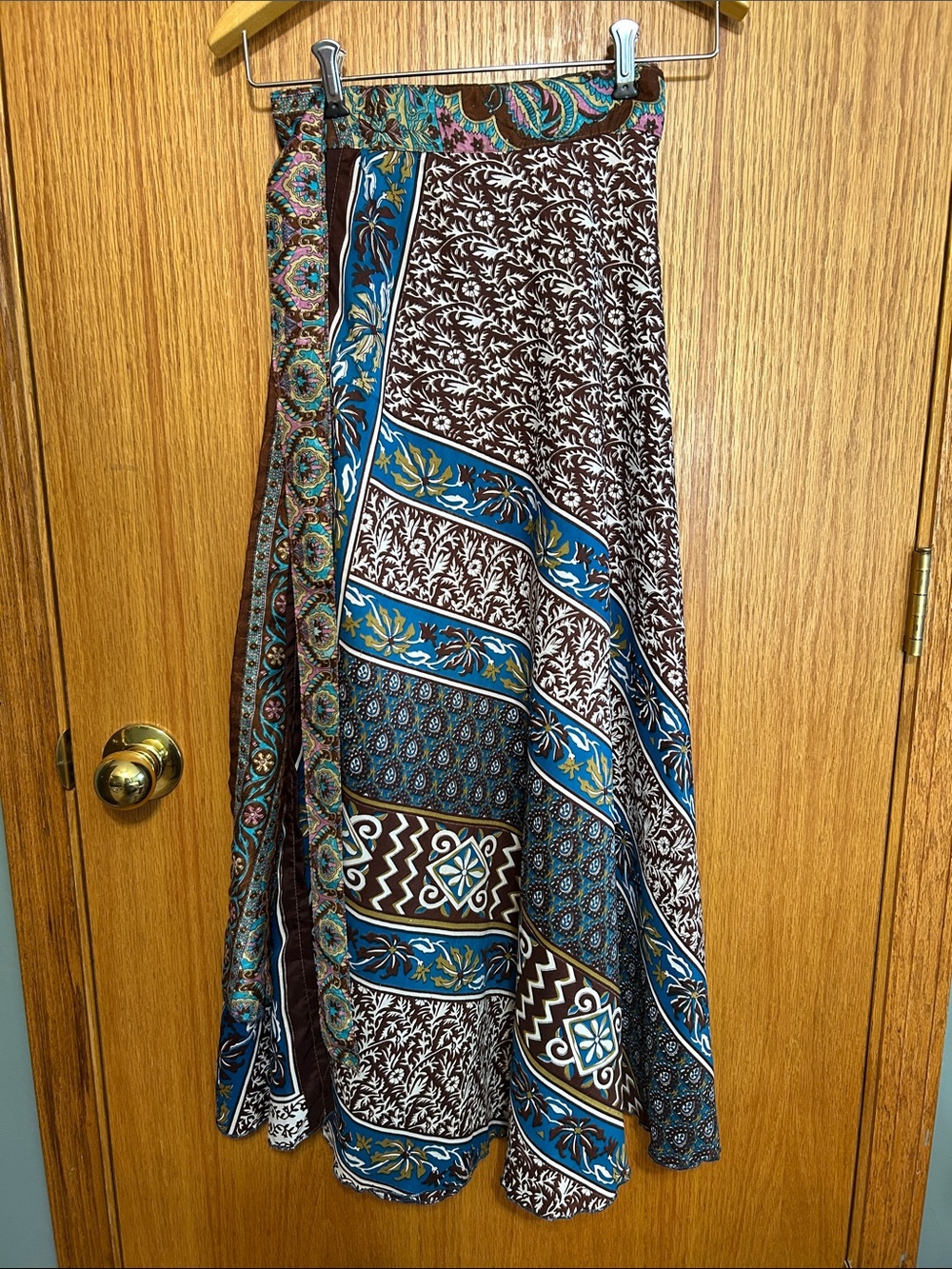 Boho reverse able‎ Maxi silk Wrap Skirt in Blue & Brown one size